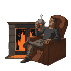 Asukas istuu tulisijan edessä ja juo kahvia.