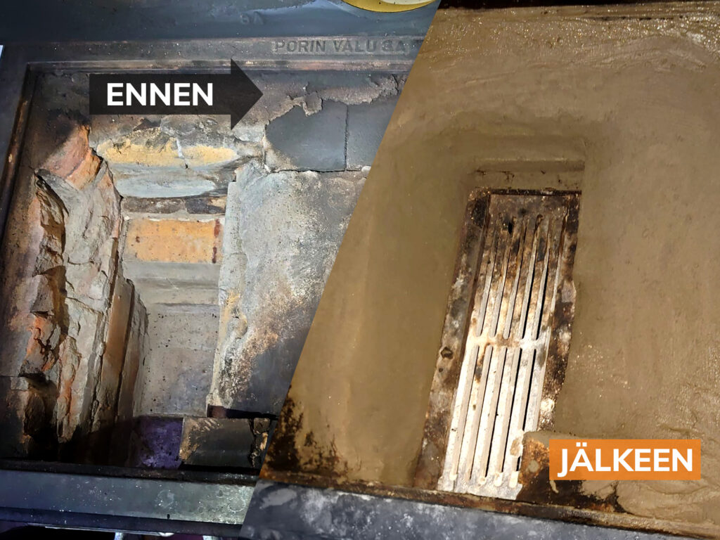 Tulisijan massaus ennen - jälkeen